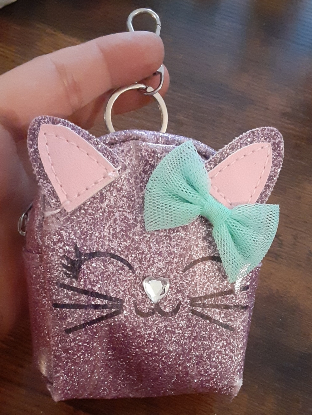 Kids Glitter Cat Keychain Coin Pouch - Purple with Mint Bow